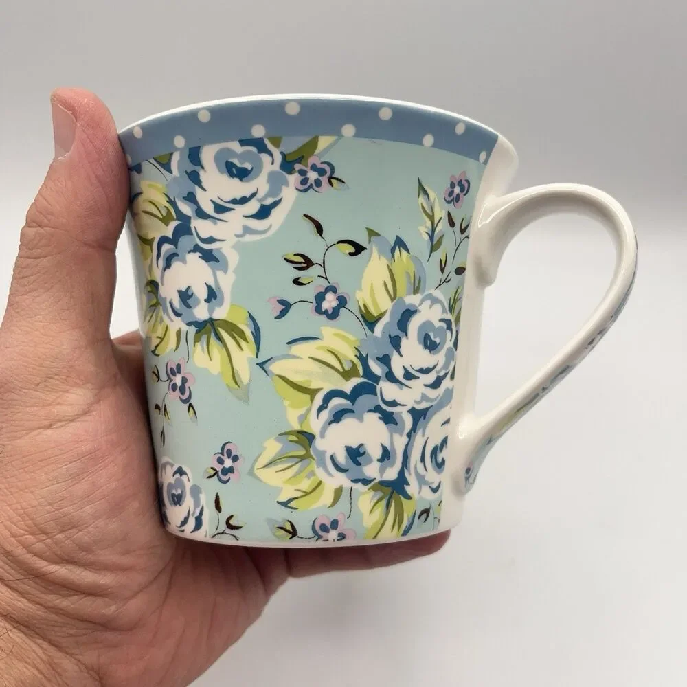 Pier 1 Imports Blue Floral Polka Dot Rim Coffee/Tea Cup Mug